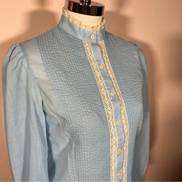 Vintage 60 70 MCM MOD Victorian Blue Lace High Collar Puff Sleeve Tuxedo Blouse - Picture 12 of 16